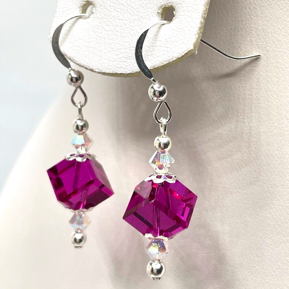 Sterling Silver Made With Swarovski Crystals Magenta AB White Beaded Earrings